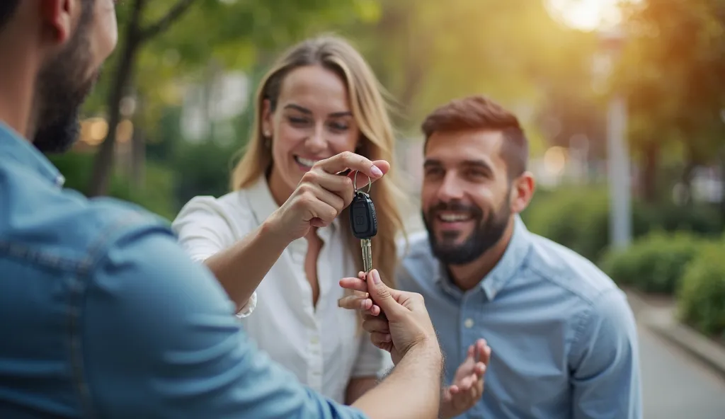 him: Financial freedom and relief when paying off a loan.
Cores: Shades of blue and green to convey security and financial stability.
people: A couple or a person smiling, holding the keys to the car or property, symbolizing debt relief.
Environment: natur...