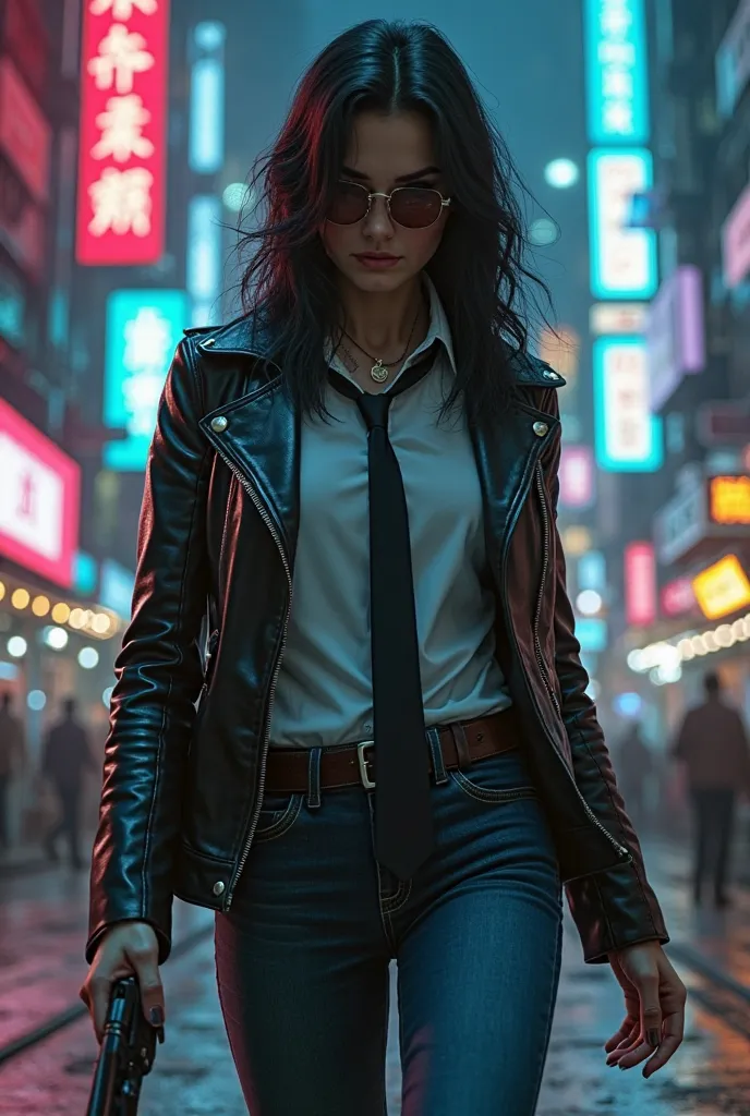 Female detective in a noir style. Wearing a leather jacket, jeans, white shirt, black tie.set in  A cyberpunk background. Make the image 1080p for YouTube.