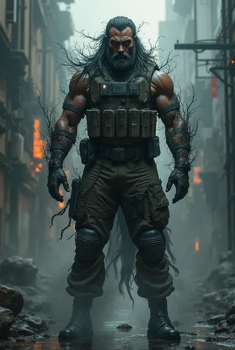 Kraven wolf with a dark aura around him that flooded him 
In modern style 
Dressed with military pants and tactical vest 