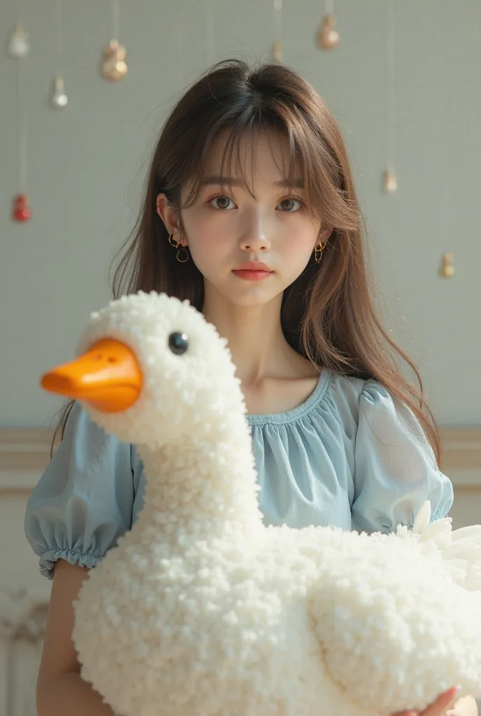 with long mocha brown hair，20-year-old woman with eight-character bangs，Wearing a light blue dress，bust of the giant goose doll in your hand。Don't block the face of the giant goose doll