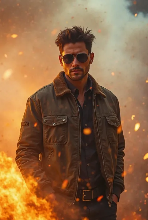 Boy in a bomber jacket wearing sunglasses his brown hair Colombian personality imagine the front of the background of fire and white smoke, not so realistic 