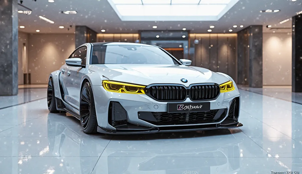 create an ultra-detailed 3D render (front side ) view, of a modern futuristic look 2025 Bmw 5 series bwith a bold design captured from ( front side ) The car should feature a 'wind ( shiny white  )' exterior with a( 5series )logo on its ( front side ), a n...