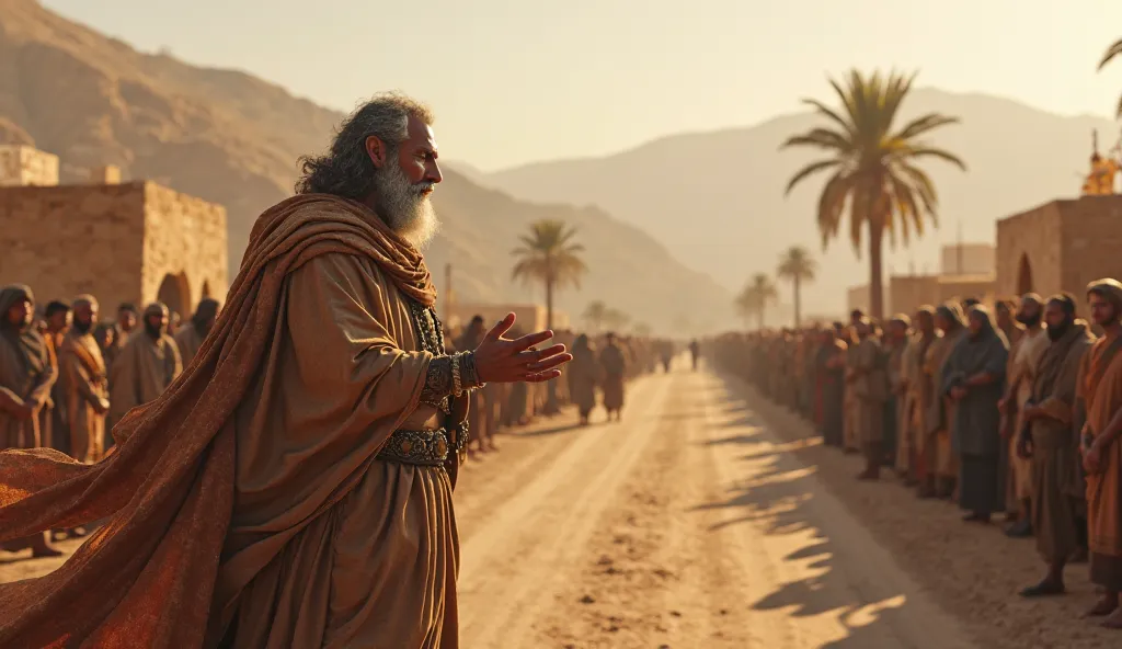 Abraham is returning victorious from a risky battle in the Bible in an ancient background and taking to a man by the road side with people around 