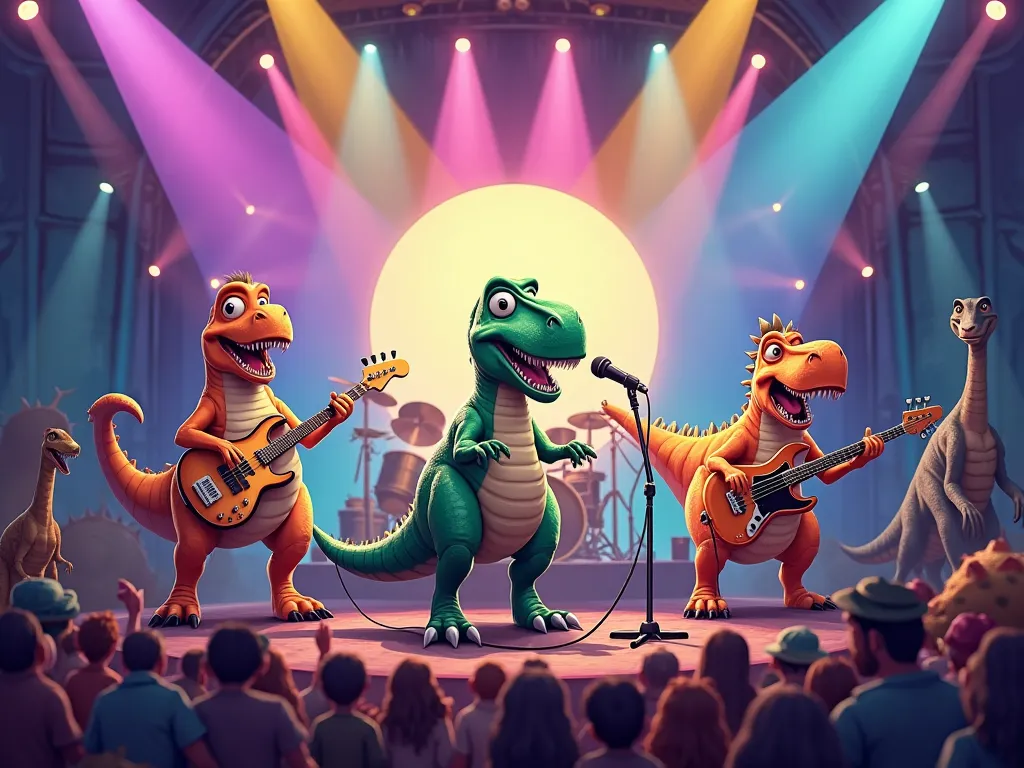 An animated dinosaur band playing on a large illuminated stage. The leader of the band, a stylized Tyrannosaurus rex, is at the front holding a microphone, while a Triceratops plays the guitar, a Velociraptor plays bass and a Brachiosaurus is on the drums....