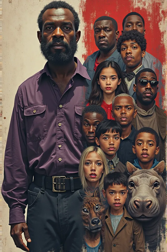 make a civil war poster that on the left side there is a very dark skinny man with a beard and short hair wearing a purple shirt and on the right side young people of , one with brown with mushroom hair, one of Chinese people with a pug face, a sigma, Kany...