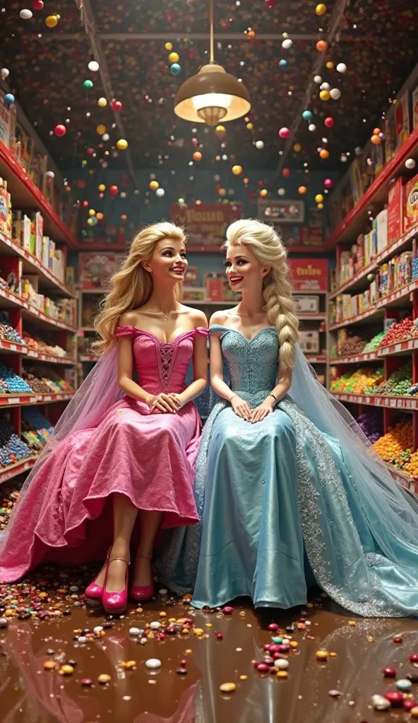 A cinematic, wide-angle shot captures the aftermath of the chaos inside M&M’s World. The store is completely wrecked, M&Ms and chocolate covering the walls and floor. Giant Elsa and Giant Barbie sit on collapsed M&M shelves, laughing, completely drenched i...