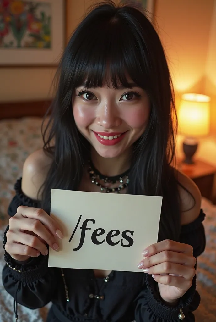 pretty goth egirl with black hair and bangs, holding a piece of paper that says "/fees" smiling, in a bedroom 