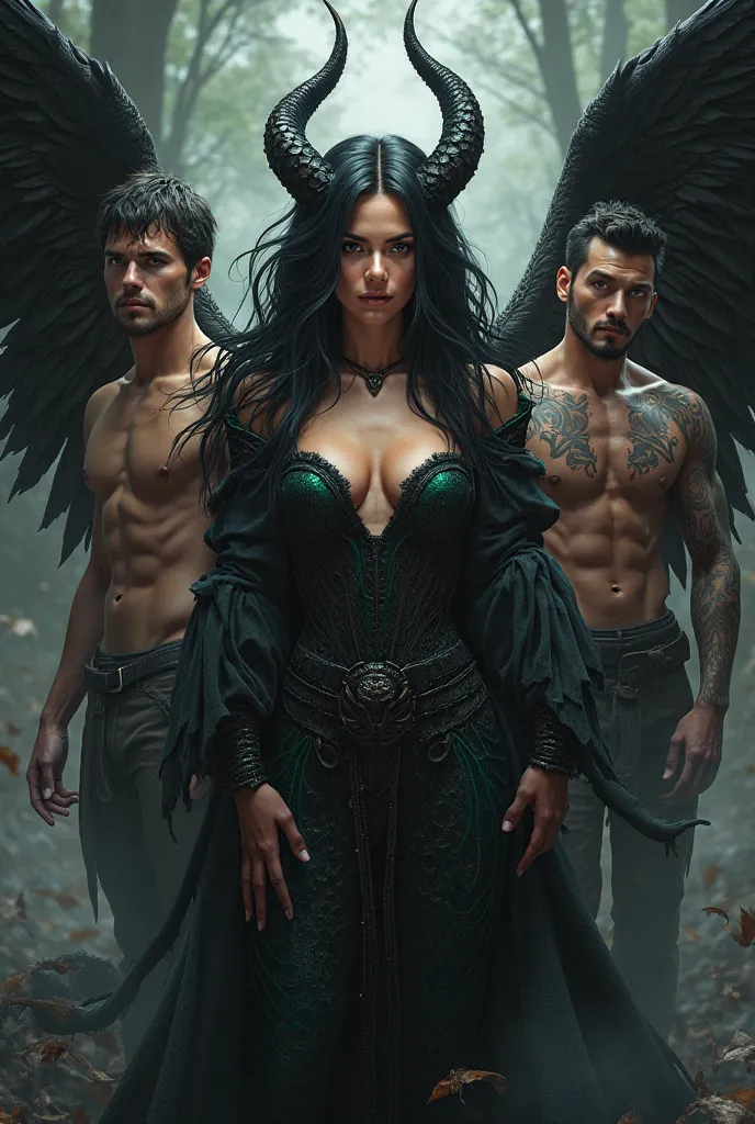  I need beautiful book cover image for a reverse harem story or a pretty dark-haired Demon Queen and her three mates a brooding fallen angel with black wings and golden eyes, a handsome incubus with smoldering charm and dark tattoos, and a savage dragon sh...