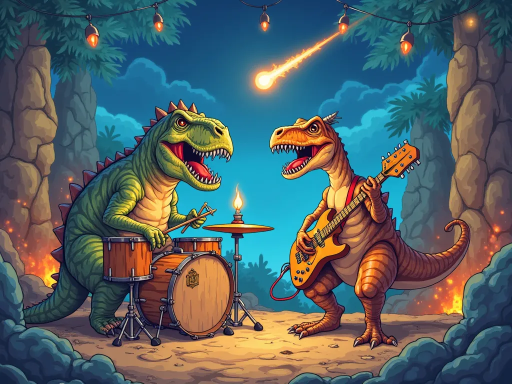 A dinosaur band playing rock in a magical prehistoric setting. A Triceratops enthusiastically beats the drums, while a Pterodactyl plays an electric guitar made of stone and wood. The stage consists of giant rocks, with torches illuminating the environment...