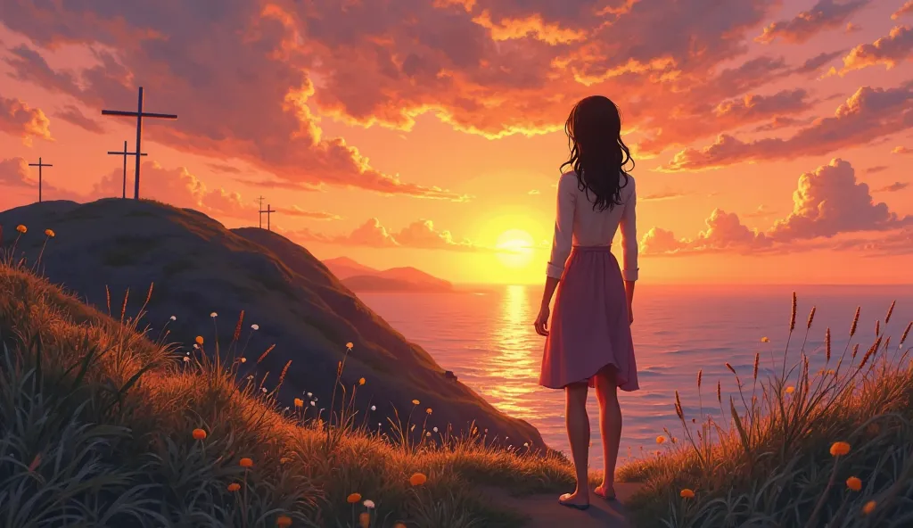 A woman from the coast to the viewers she is on the right side of the screen looking at a cross far away on the hill. Behind the hill a beautiful sunset.
Pixar-style drawing