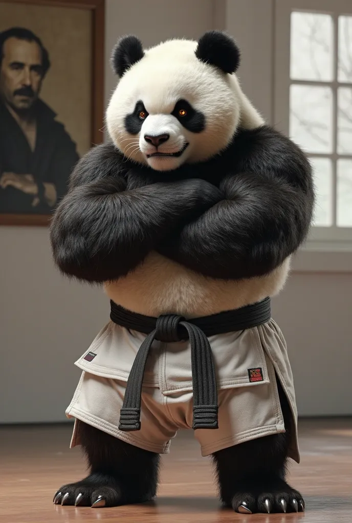  Create a Pixar-style image, Of a realistic panda with shadows and features, male gender, Muscular, strong, With an angry and angry face,  with crossed arms , with white jiu jitsu pants, pants with a black band tied around her waist, In a dojo, white walls...