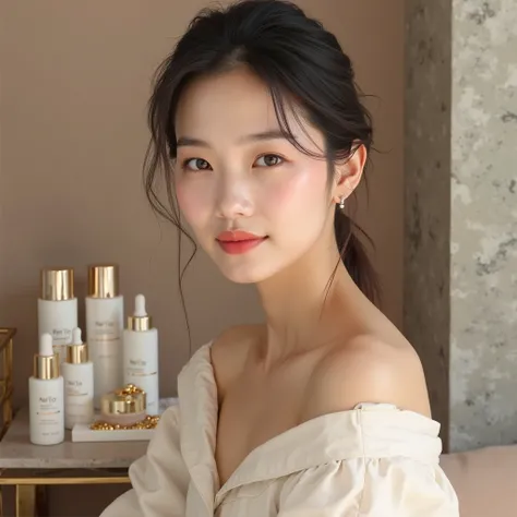 Make a Korean woman, her skin is clean and beautiful, there are skincare products and serums on a table in the background