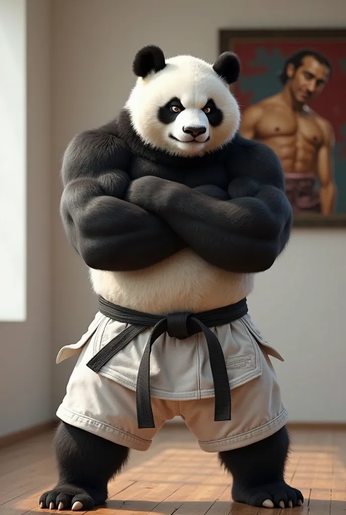  Create a Pixar-style image, Of a realistic panda with shadows and features, male gender, Muscular, strong, With an angry and angry face,  with crossed arms , with white jiu jitsu pants, pants with a black band tied around her waist, In a dojo, white walls...