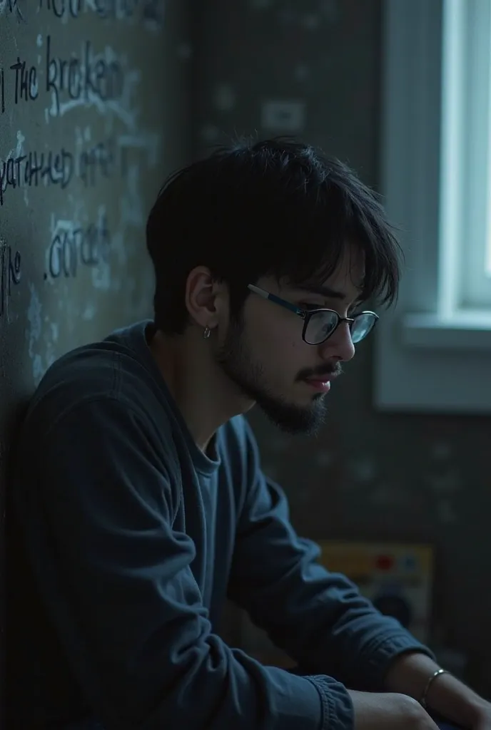 A boy sitting alone at home.  crying. At night. A light shines on him.  He has straight black hair , wears glasses and has a beard. face exposed, handsome boy, Pretty Eyes, Everything beautiful in him. Realistic, HD.There's writing on the wall like. "I'm b...