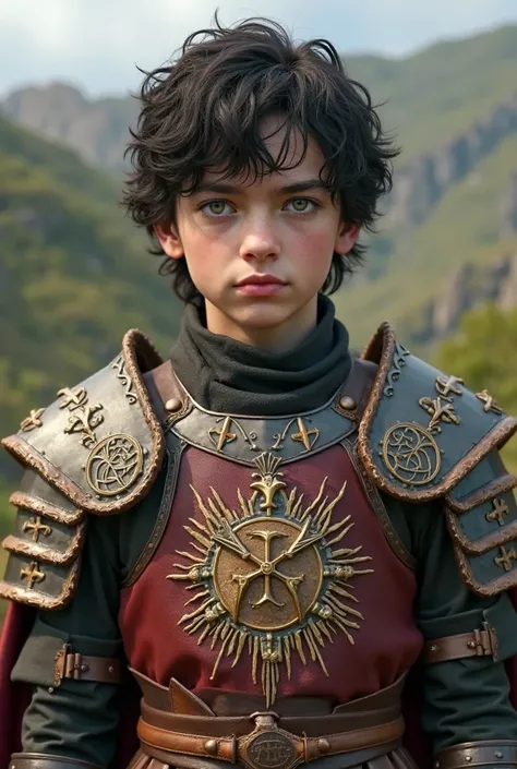 A  house tarly boy with dark hair and dark green eyes in Tarly Armour and realistic