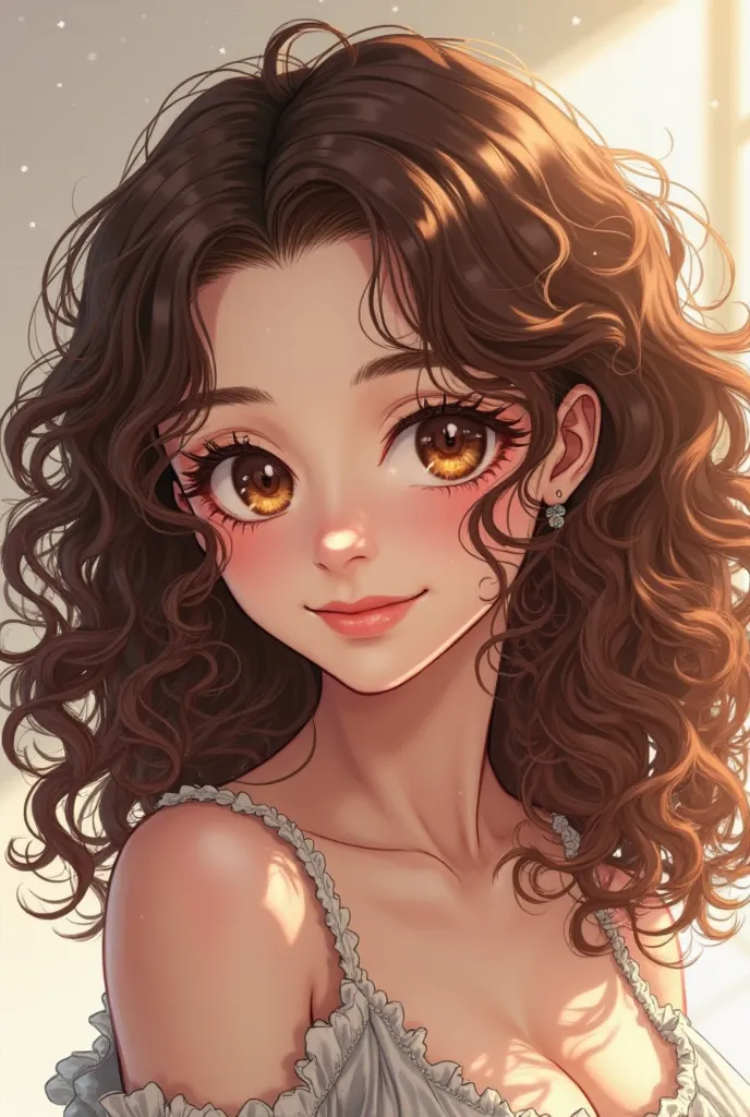 Curly hair, woman, anime style, round brown hair, dark brown eyes.