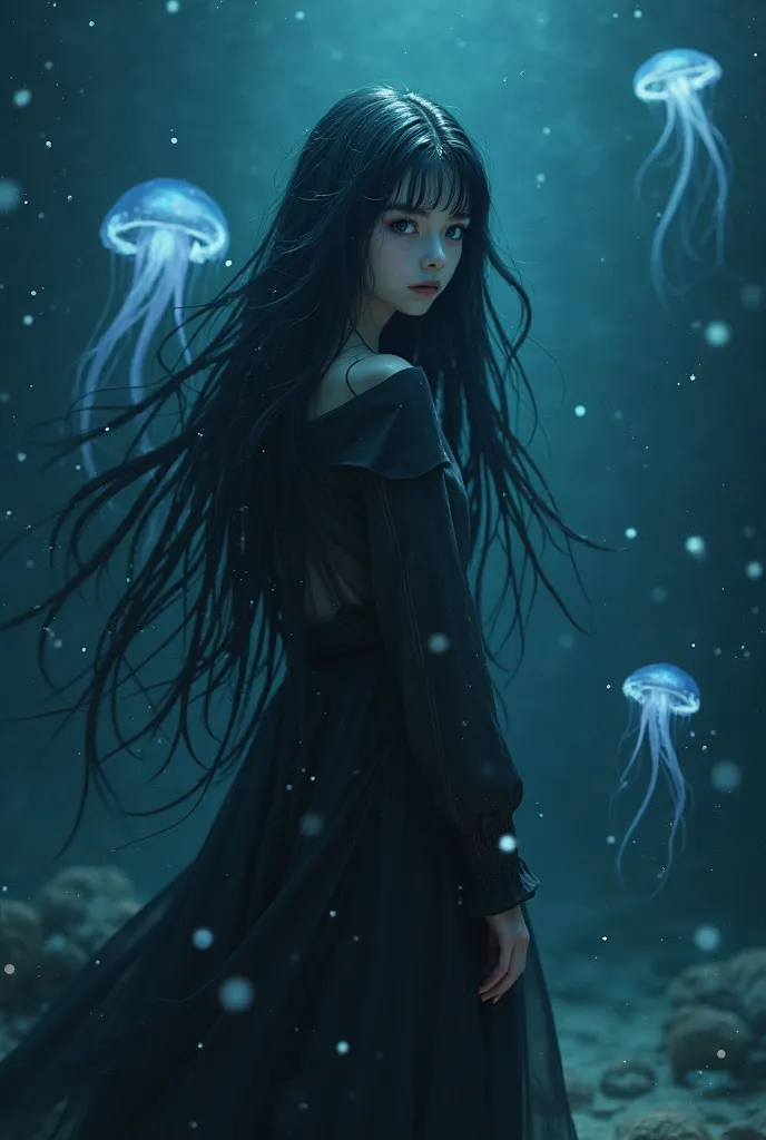 Generate an image of a mysterious girl with long, flowing hair standing in the deep ocean. She looks over her shoulder with large, clear eyes that have a mix of cold colors. The atmosphere is dark and ethereal, with deep, shadowy water and glowing jellyfis...