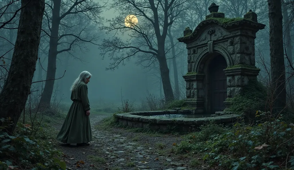 an old woman walks through the forest at dusk. She is dressed in a long dress, that slightly touches the ground, and her hair flutters in the gentle breeze. Suddenly, among the thick trees, she notices the old, an abandoned fountain, hidden by moss and ivy...