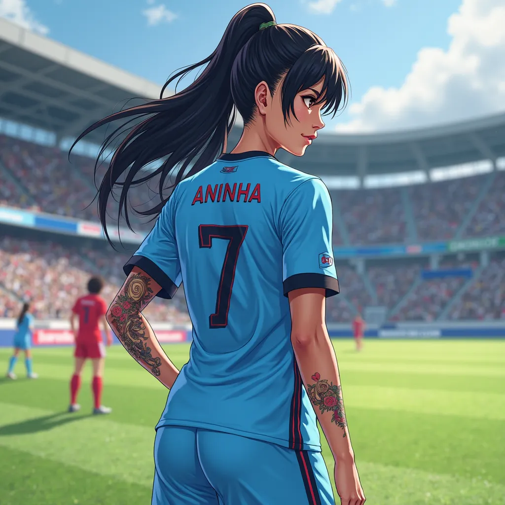 soccer player, uniform light blue, Number 7 and the name Aninha, on the back, low, long black hair, brown skin with anime-style tattoo