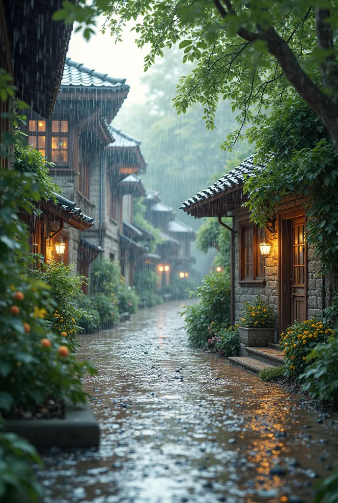 Rainy summer day in beautiful village and wet street, no people