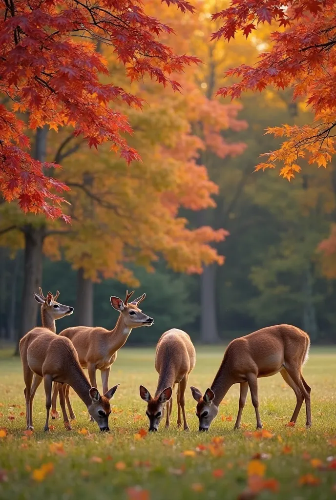 Autumn Meadow: A group of four deer grazes peacefully in a meadow surrounded by vibrant autumn foliage. The leaves are shades of red, orange, and yellow, creating a stunning contrast with the brown coats of the deer.