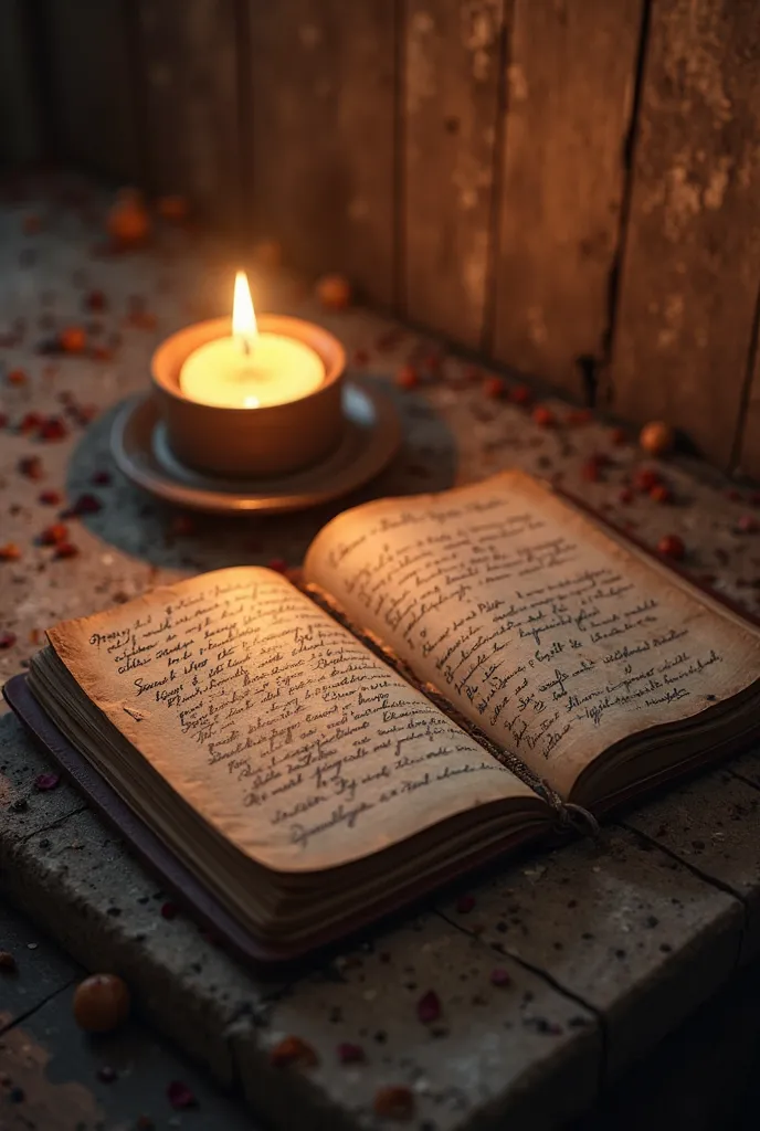 A notebook filled with handwritten prayers beside a flickering candle, creating a warm and spiritual atmosphere.