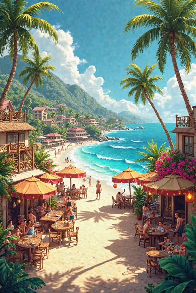 Create a large and cozy beach city, with hibiscus flowers , coconut trees, Simple little bars