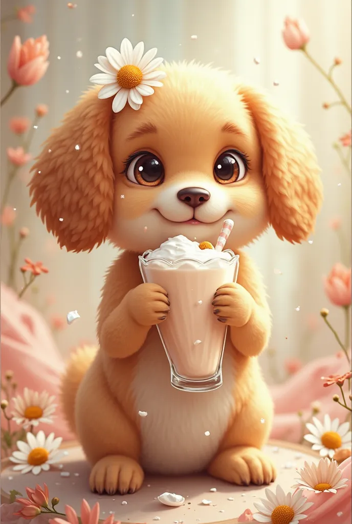 Create an image of a caramel dog with chamomile flower on its head holding a glass of milkshake