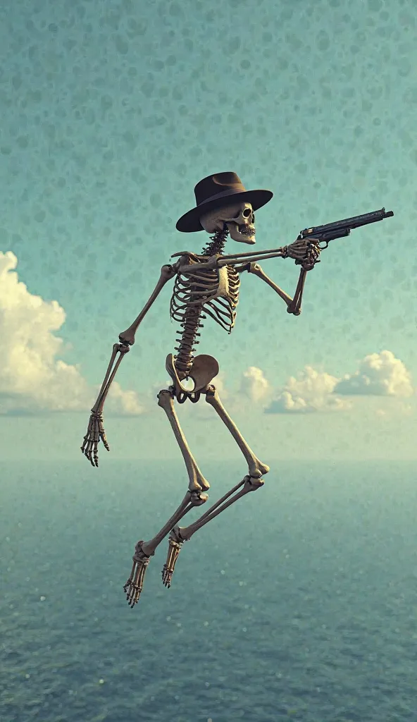 Surrealism a skeleton in a hat with a gun flies in the sky over the sea