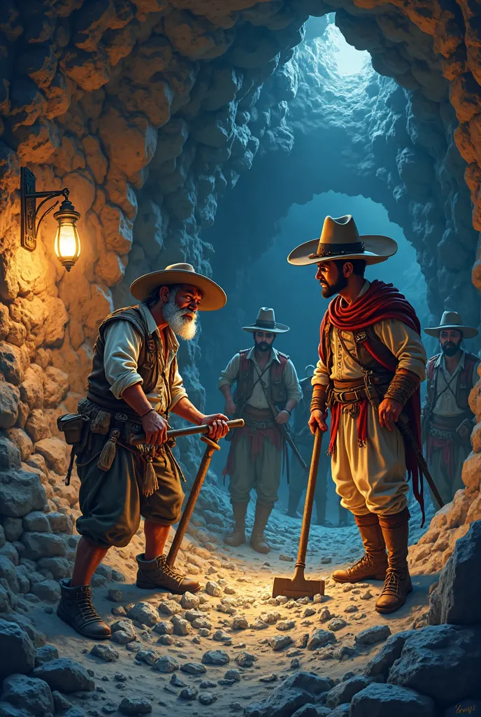 Scene for a cartoon: A miner working in Potosí (bolivia)And a Spanish merchant in the colonial era. 