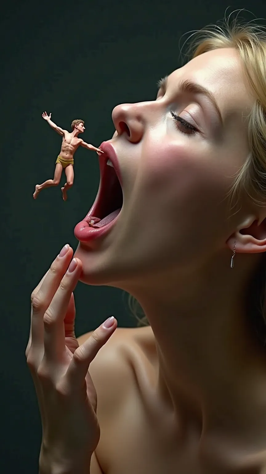   Giantess vore. A tiny man is held by the hand of a giant above the mouth of the beautiful blonde giant naked woman with blue eyes and fair skin.  . regarde vers le haut.   She tries to swallow a small adult suspended by her hand above her mouth wide open...