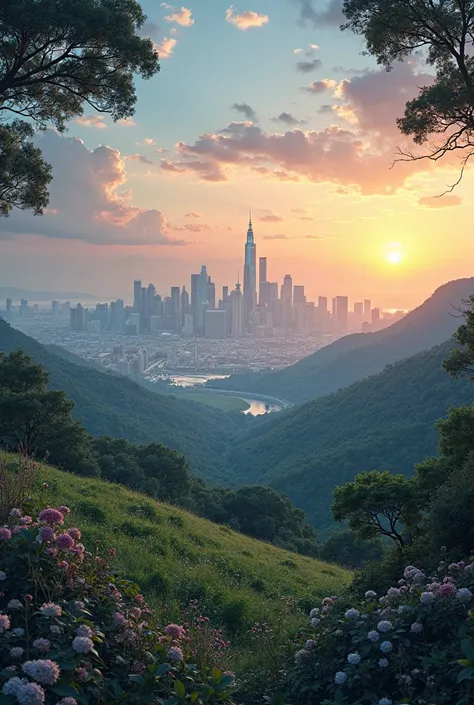 The city in the distance and the greenery around it ,Near sunset , The beauty of the city beautifies the landscape, The Moon and Stars Become Clear in this case