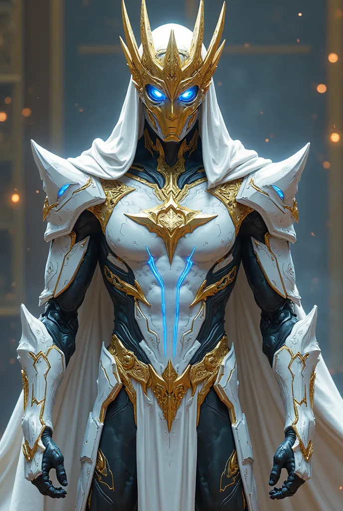 He wears a gold mask with glowing blue eyes.  He has a golden, jagged crown with multiple sharp spikes, reinforcing his god-like status. His attire consists of a white armored bodysuit with intricate lighg Blue energy-like patterns running through it. The ...