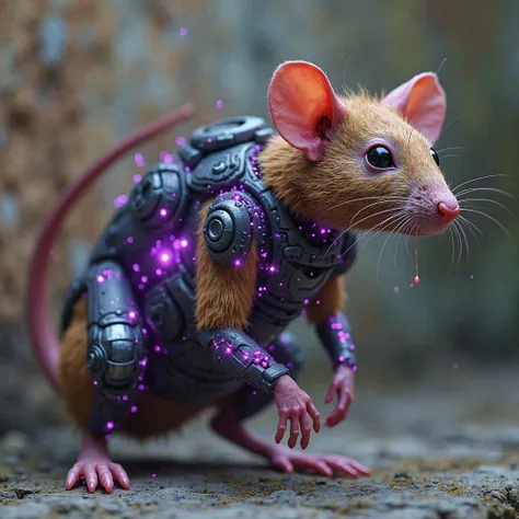 Make a realistic image of a cyborg rat with small electrical and electronic marks in purple next to a wall 