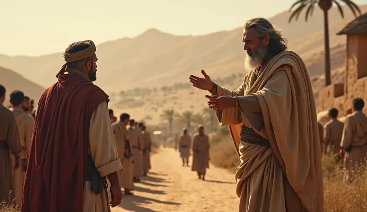 Abraham is returning victorious from a risky battle in the Bible in an ancient background and taking to a man by the road side with people around 