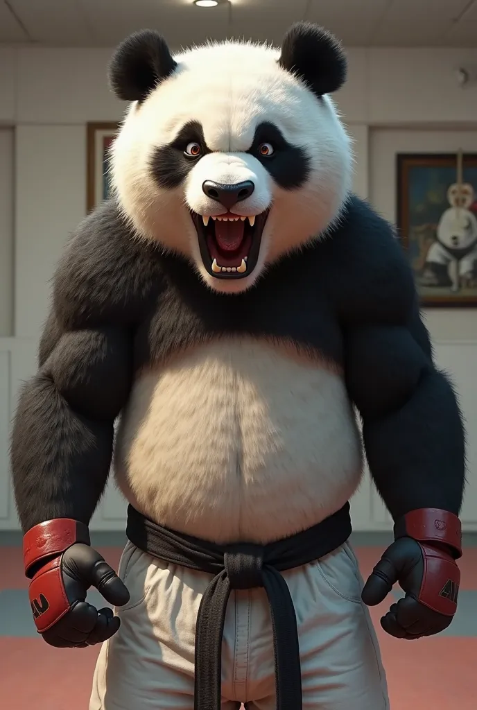  Create a Pixar-style image, of a realistic panda with shadows and dashes, male gender, Muscular, strong, With an angry and angry face, with mouth open screaming, Blood dripping through the teeth, With MMA guard, with white jiu jitsu pants, pants with a bl...