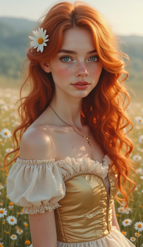 A realistic portrait of a 25-year-old woman with red loose hair in soft waves and a daisy in her hair, with big blue eyes and freckles on the cheeks and nose, gentle look at the viewer, open lips ,  small nose , she wears a cream colored shirt and a golden...