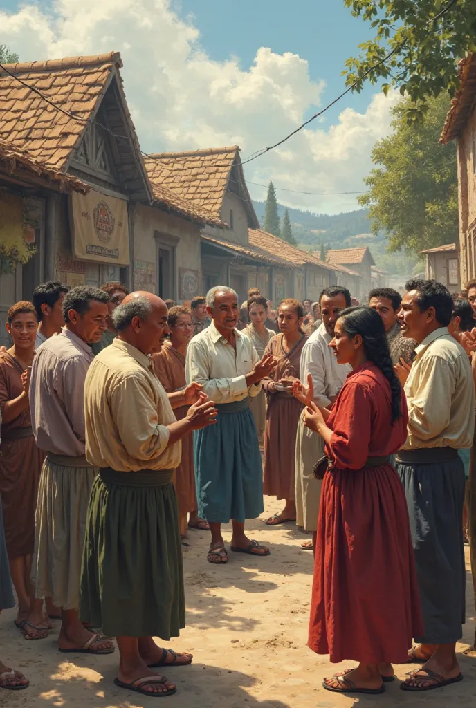 A group of people in a village talking to each other