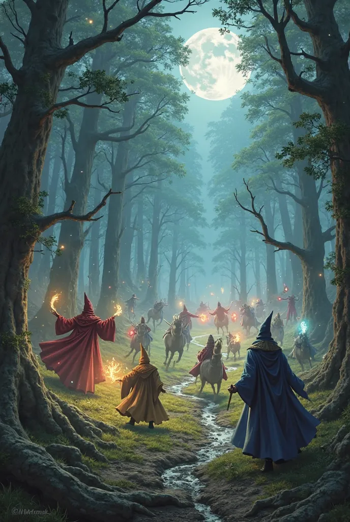 
"A magical tournament inside the Forbidden Forest, where two teams of wizards compete using spells. The scene shows a dark and mystical forest, with tall trees and fog floating in the air. Magical creatures like centaurs, Unicornios, elves and acromantula...