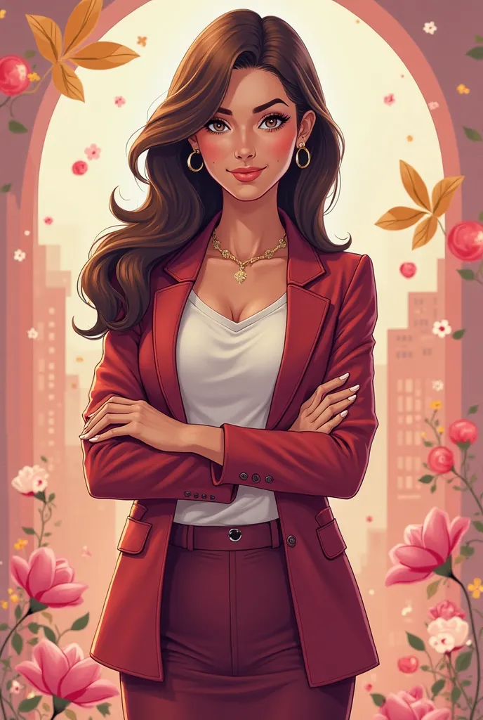 Executive girl in cartoon, smooth-haired brunette , Chic style, name Aurimar for Women's Day