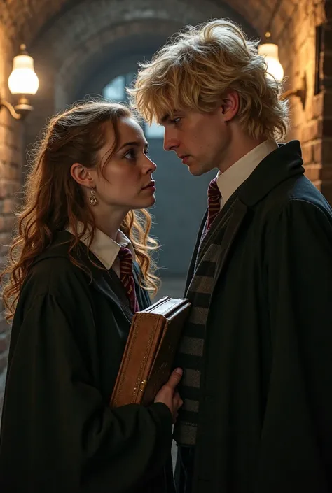  atmospheric lighting,corridor at hogwarts,Hermione Granger stands with her usual composed yet slightly tense demeanor, her eyes narrowed with a hint of skepticism as she looks at Draco Malfoy. Her brown curls cascade around her shoulders, the ends slightl...