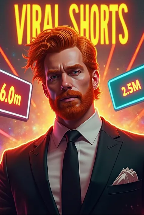 

"A highly stylized digital painting of a man with bright orange, wavy hair and a well-groomed beard, wearing a black suit, white shirt, and black tie. The man has a confident expression, and his face appears sculpted with sharp, angular features. The bac...