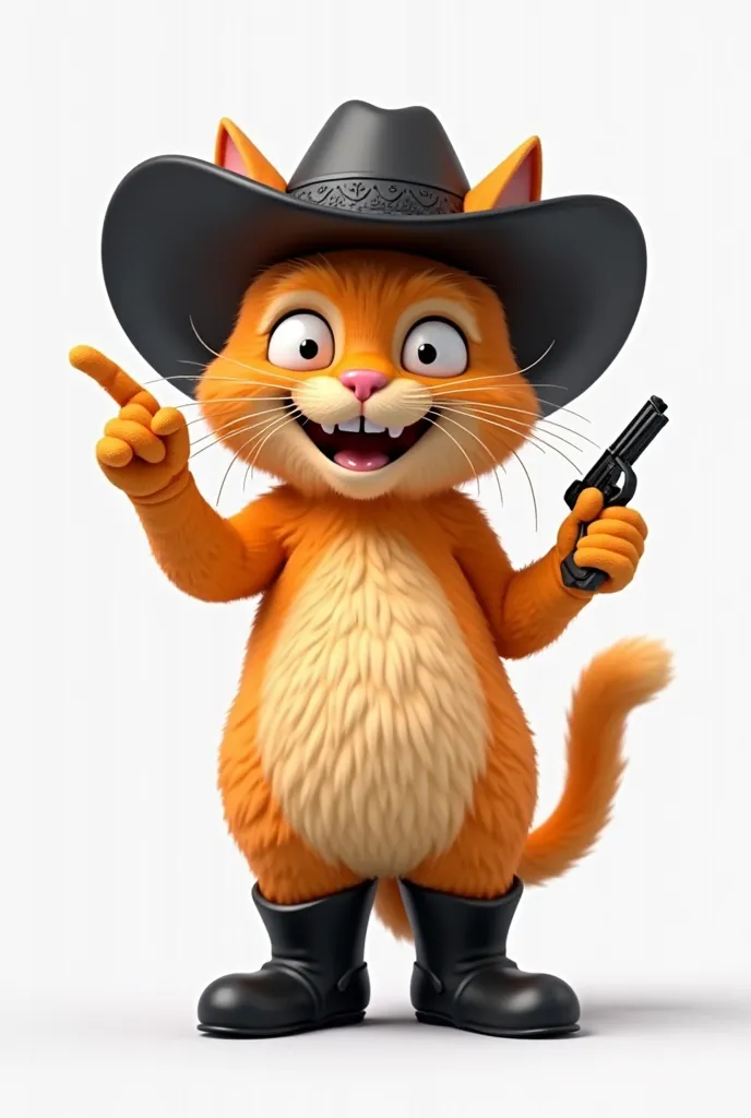 Create a three-dimensional image of an orange cat. The cat should be wearing black boots and a black cowboy hat. It should be standing upright, holding the tip of the hat with one paw and pointing with the other paw, mimicking a gun gesture. The cat should...