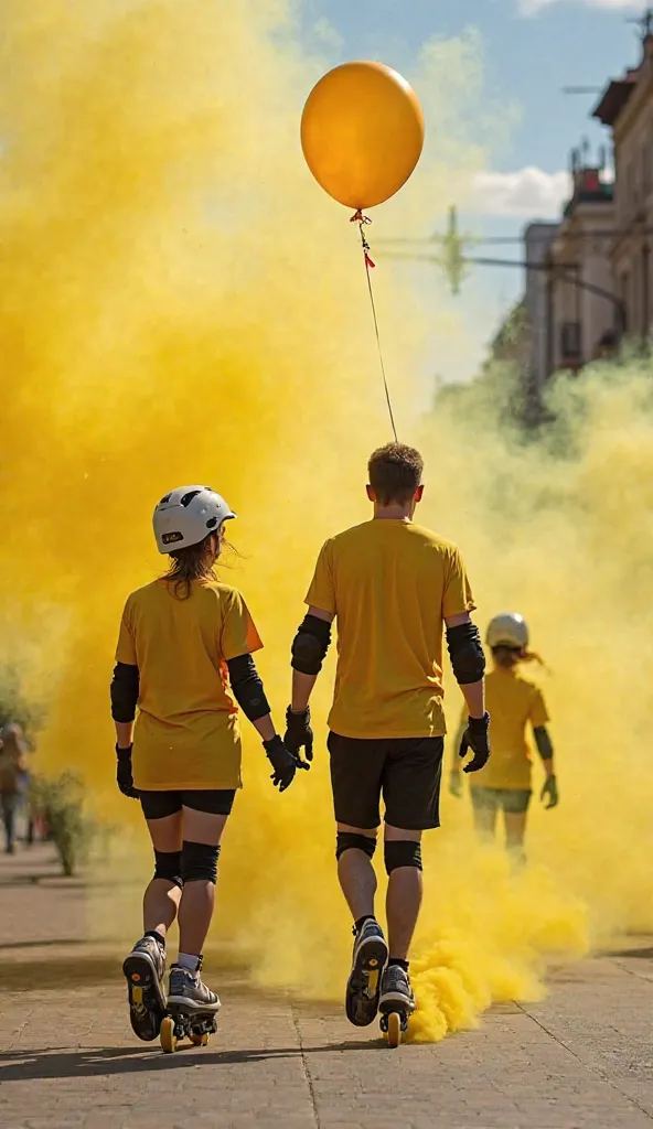 Grupo Mujeres y Hombres Massive 22 years old, on inline skates, wearing yellow t-shirts,  short black, hull, knee pads, Gloves, helium balloon in the hand, moving around the city in the afternoon, yellow smoke flare, yellow luminous wheels