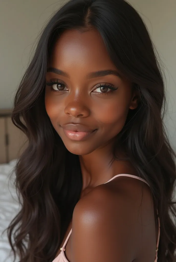 Create a digital avatar of a person with black skin, expressive brown eyes and long straight hair, falling softly over the shoulders.  The mouth is fleshy and well defined , conveying confidence and charm. The face has balanced and harmonious features, wit...