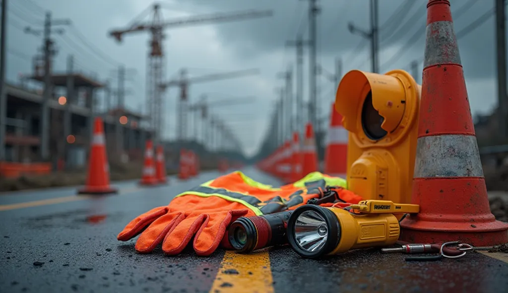 An industrial banner showing Products for Personal Protection, Tools, Signaling for Environments And Roads., Gloves and safety vest, English key and a flashlight, surrounded by traffic cones, a road signal and curled electric cables. Background with a clou...