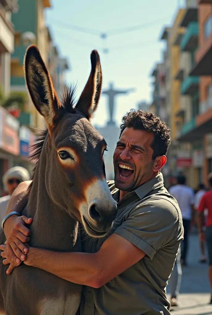 Realistic high-resolution photograph of a donkey biting the sleeve of a man's shirt, highlighting its visible teeth. The scenery in downtown Rio de Janeiro. The composition emphasizes the interaction between man and donkey, transmitting a moment of pain. H...