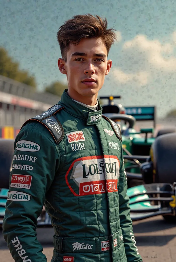 Create an image of an F1 driver from the Aston Martín team,  brown, Tall and brown-eyed and young but the F1 car in the background

