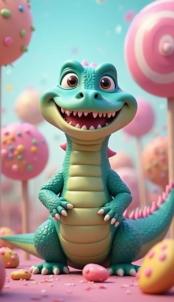  Image of a cute and happy bipedal crocodile,  turquoise candies with small pink spots , in a setting filled with, lollipops and candies  . Crocodile looking at the camera , 3d, Pixar .