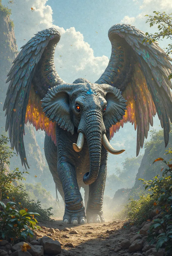 A mythical creature that's a mix of an elephant and a bird, with huge wings and glowing colors, roaming the wild